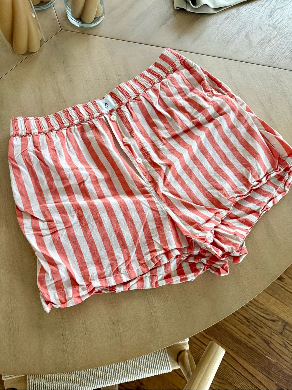 Anthropologie Coral and White Striped Button-Front Shorts